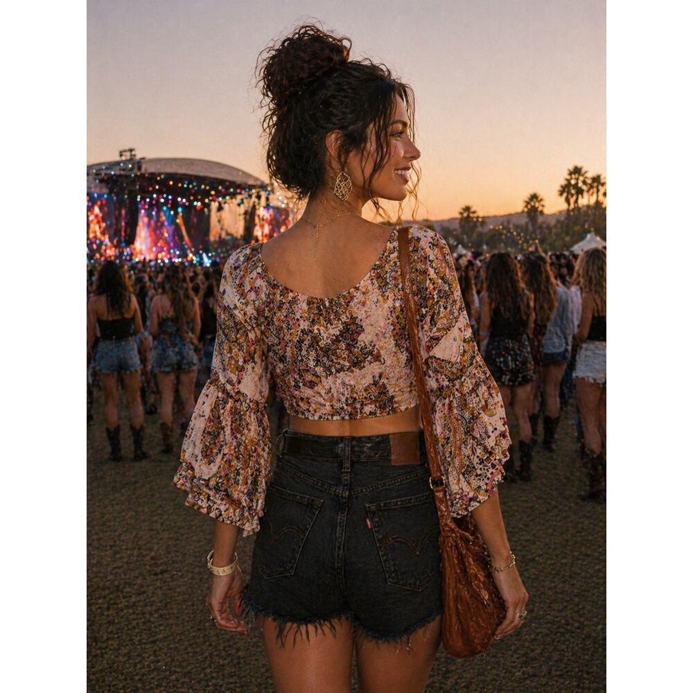 Boho Paisley Crop Top Size 2 Festival Prairie Chic Bell Sleeves Self Esteem EUC - Picture 2 of 5